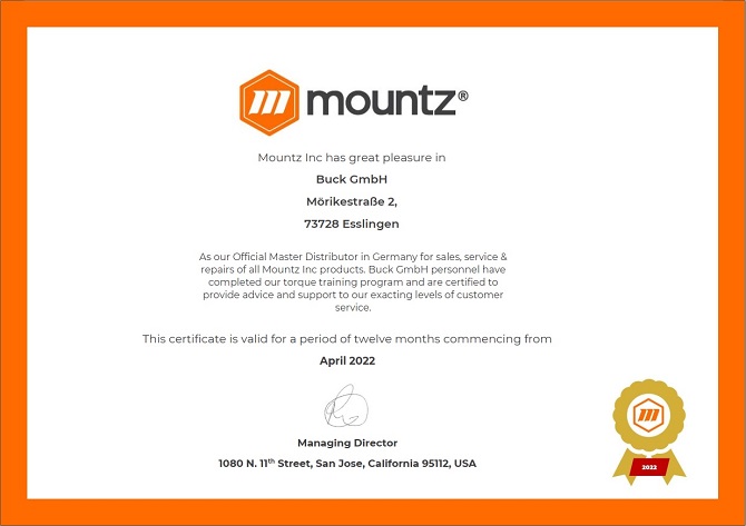 Mountz Zertifikat als Master Distributor für Deutschland